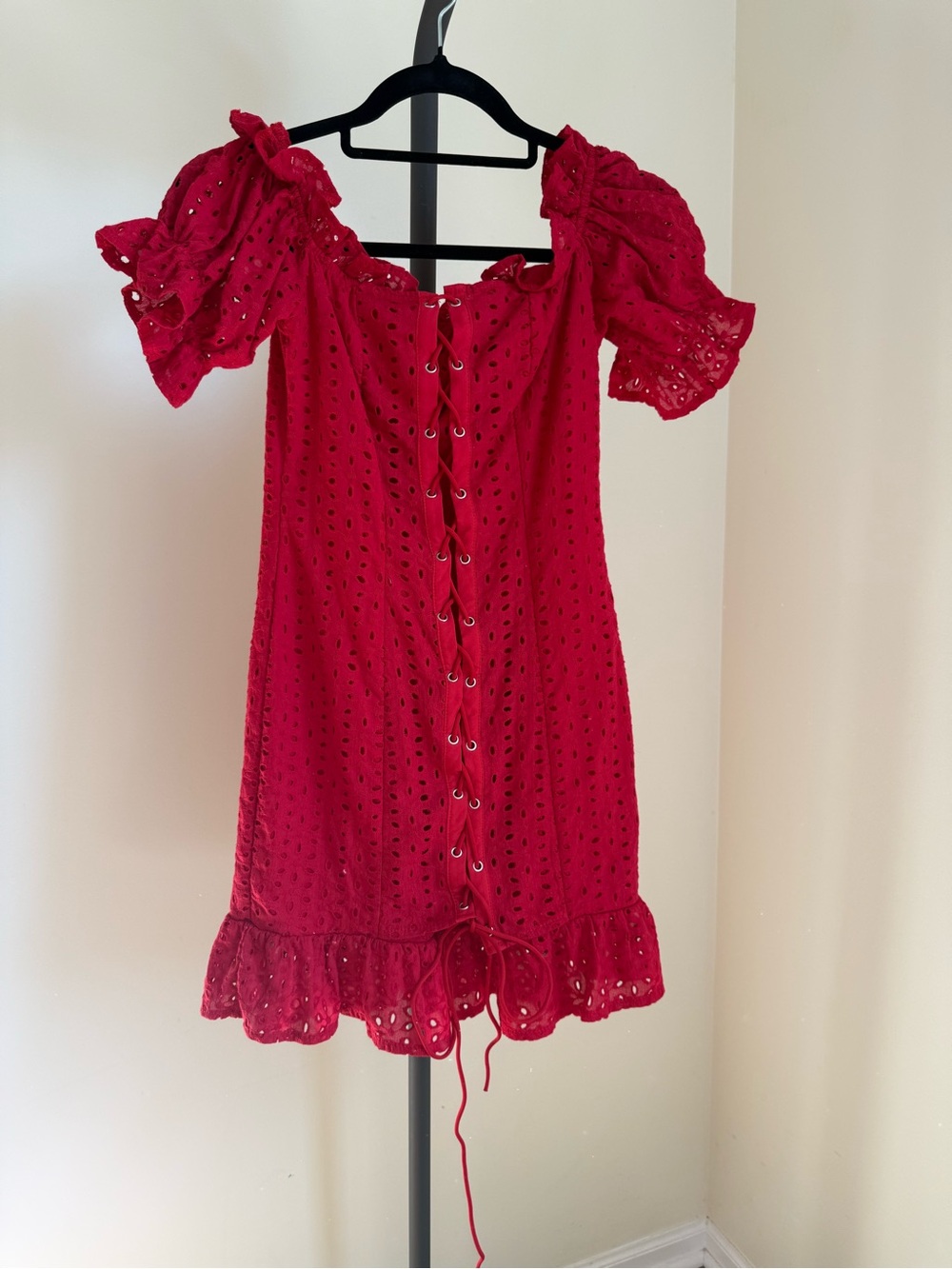 PrettyLittleThing Red Eyelet Lace-Up Ruffle Mini Dress